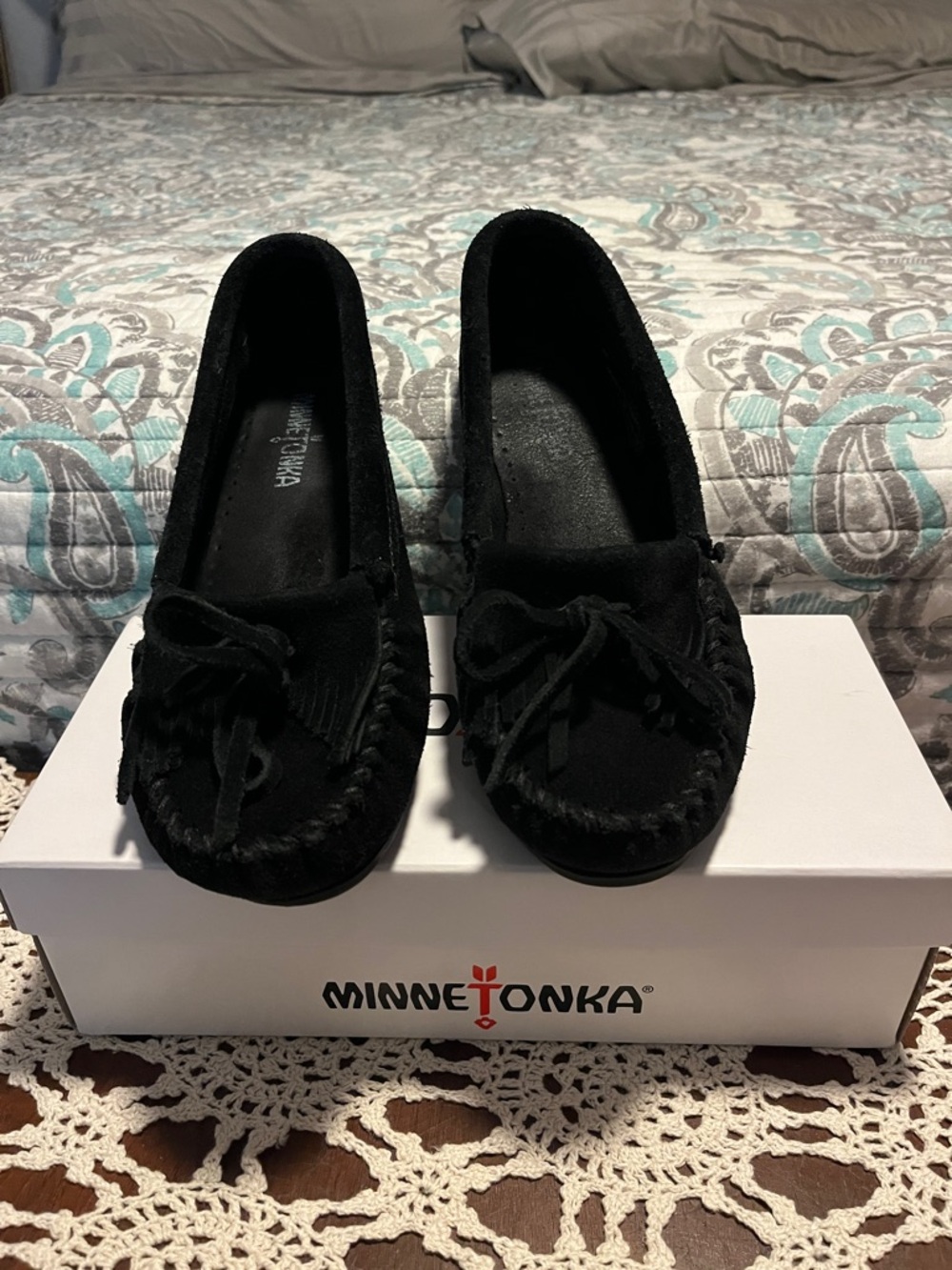 Minnetonka Black Suede Moccasin Shoes with Bow & Fringe